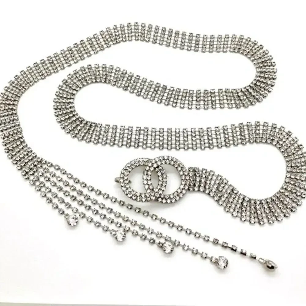 Sparkly Silver Crystal Waterfall Waist Belt NWT